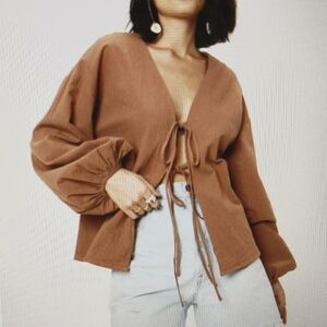 Nasty Gal Linen Look Tie Front Long Sleeve Blouse